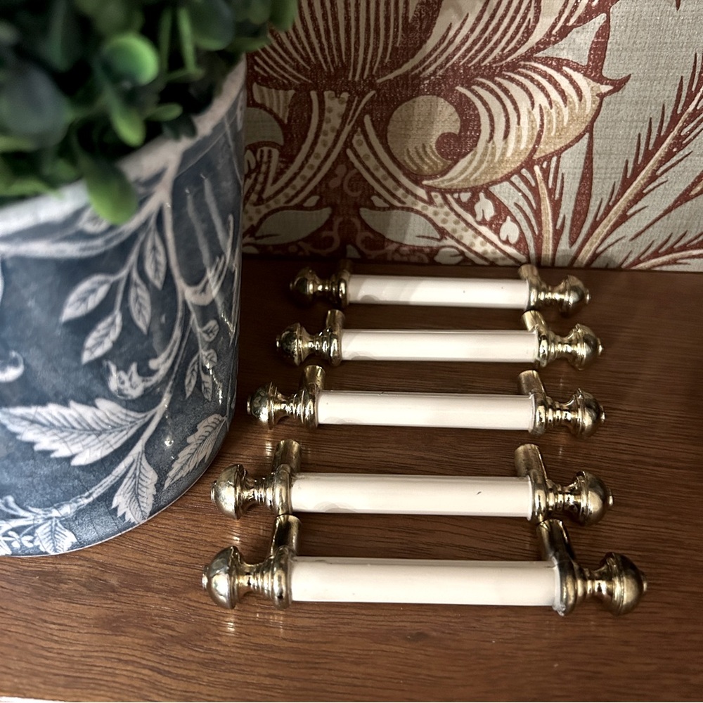 Vintage cabinet handles heavyweight brass with cream color center-  lot of 5